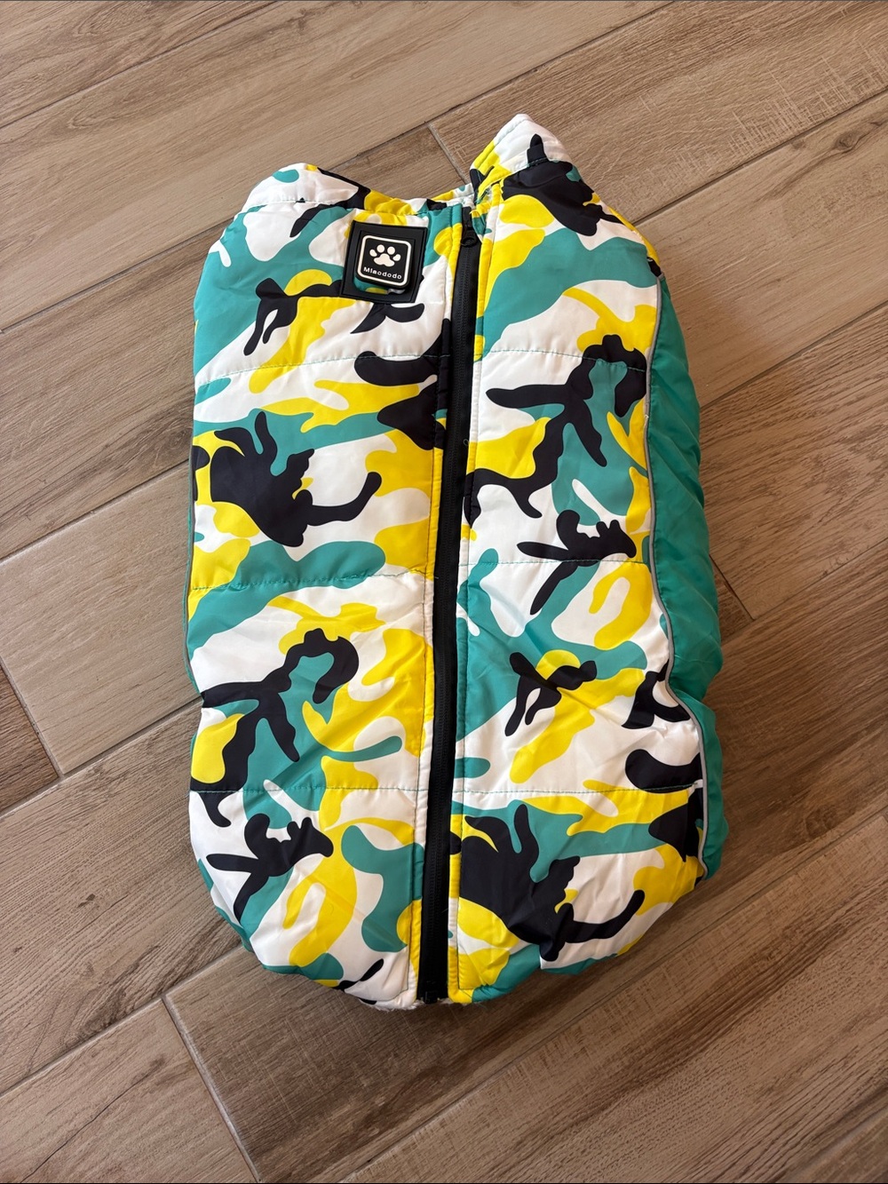 Miaododo Puffer Dog Coat with Teal, Yellow & Black Camouflage- size 28